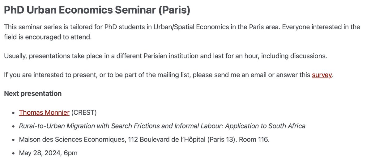 Join us on Tues. 28 (at 6pm) for the next meeting of the PhD Urban Economics Seminar in Paris! 🏙️ We are lucky to have @TLMonnier presenting his ongoing research! Check the program & access the mailing list here: mateomoglia.github.io/seminars/