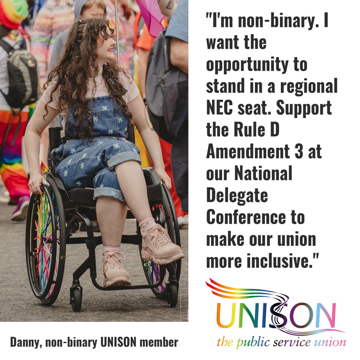 Danny is a non-binary @unisontheunion member. They are unable to stand for the NEC regional seats because they have to identify as either male or female to be eligible. We think this is unfair. Support our rule change at this year's NDC for a more inclusive union.