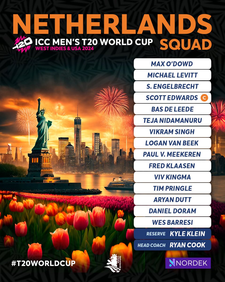 🚨 𝗡𝗲𝘁𝗵𝗲𝗿𝗹𝗮𝗻𝗱𝘀 𝘀𝗾𝘂𝗮𝗱 🚨 For ICC Men’s T20 World Cup 2024 

Get ready to cheer for #kncbrcicket 

#T20WorldCup #Cricket #OutOfThisWorld #kncbsquad #NORDEK