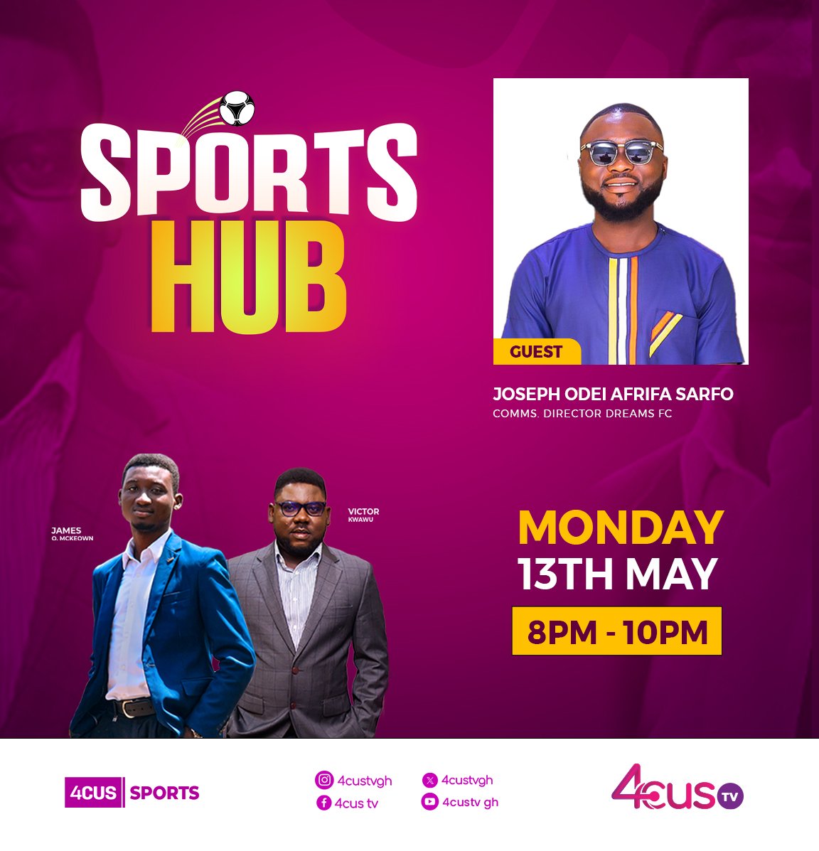 Tune in tonight to Sports Hub as @victor_kwawu and @OhenbaJames bring you the weekend sports recap and an exclusive interview with the Communications Director of @DreamsFootballC. Don't miss it on #4cusTV! 

#4cusSports
#SportsHub