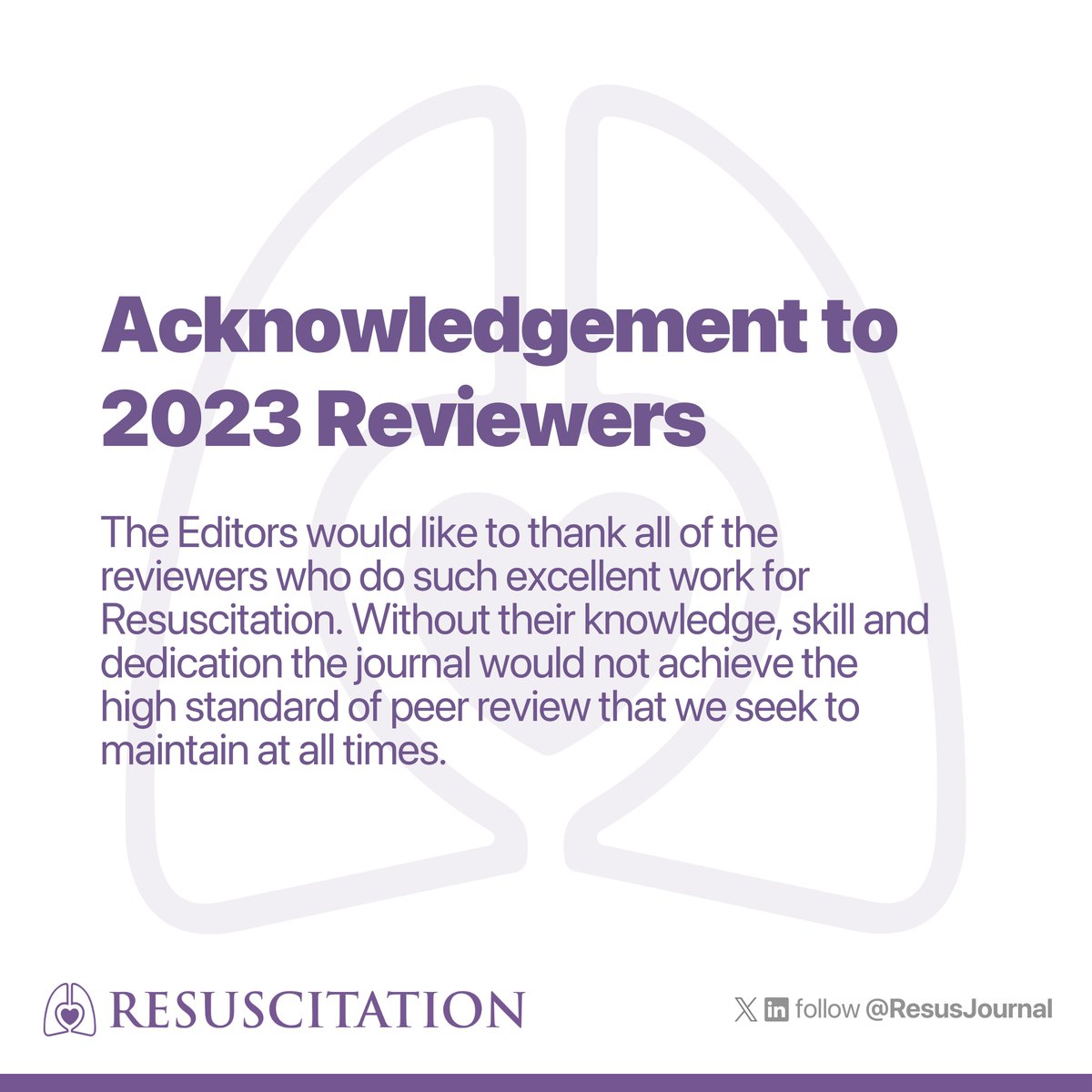 The Editors would like to thank all of the reviewers who do such excellent work for #Resuscitation. Without their knowledge, skill and dedication the journal would not achieve the high standard of peer review that we seek to maintain at all times. 🔗 resuscitationjournal.com/article/S0300-…