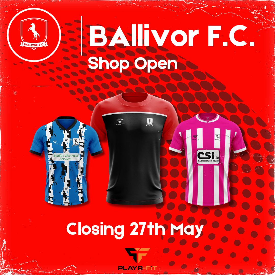 Club Shop is LIVE 😎🤸
Delighted to once again open our online Ballivor F.C. Club Shop!
The shop will remain open for 2 weeks, closing on the 27th of May at midnight!
All orders placed will be delivered 5 weeks after closing📢
Order here 👉playr-fit.com/ballivor-fc/