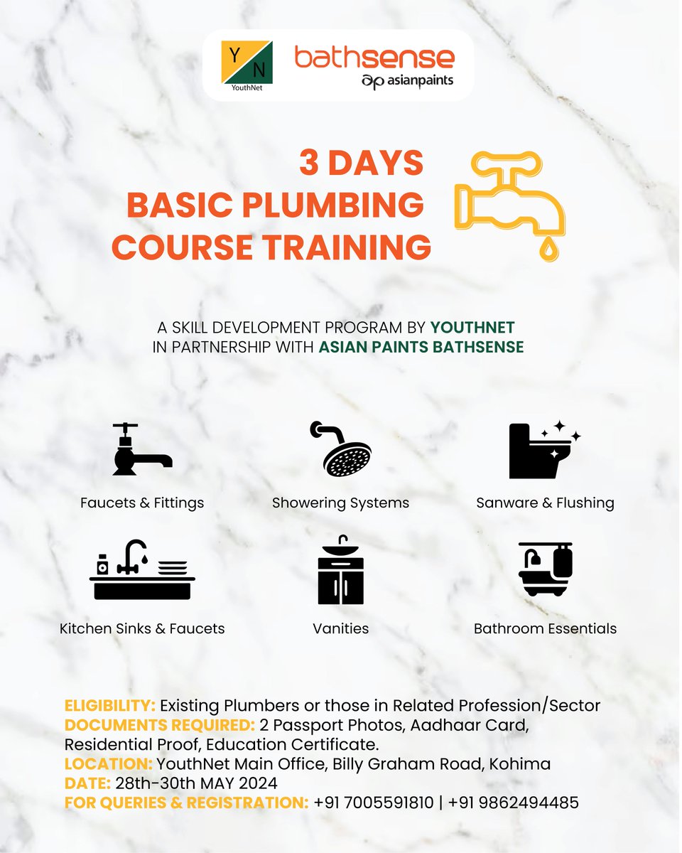 Wonderful opportunity for our youths especially those in the construction sector. 3 Days Basic Plumbing Course, a professional training by #YouthNet in partnership with #Bathsense #asianpaints #plumbing #skilldevelopment #skilldevelopmenttraining