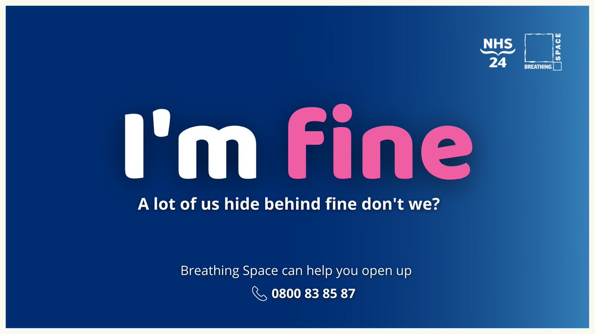 Are you experiencing low mood, anxiety or distress?

If you need to talk, NHS 24‘s Breathing Space service is there to listen. Get in touch on the phone or webchat for mental health and wellbeing advice.

0800 83 85 87
breathingspace.scot