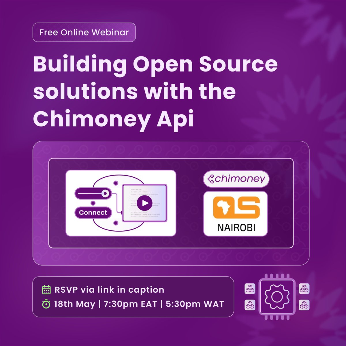 Join us this Saturday, for an insightful session on ‘Building Open Source Solutions with the Chimoney API’ hosted in collaboration with @osca_nairobi! 🟣Date: May 18th 🟣Time: 7:30 pm EAT | 5:30 PM WAT RSVP here: lu.ma/os-chimoneyAPI