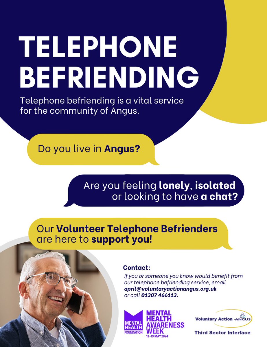 Telephone befriending is a vital service for the community of Angus. #MentalHealthAwarenessWeek is the perfect time to shine a light on our excellent volunteer telephone befriending service. ☎️ Find out more here 👉 bit.ly/3Wxq4GK