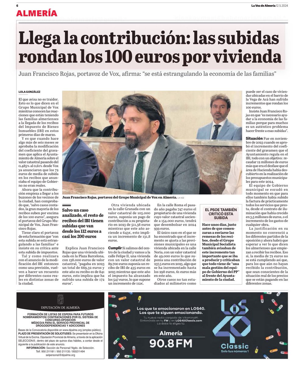 Primero prometen bajadas de impuestos. Luego nos suben todo, IBI incluido. Nos dicen que sería una subida de unos 70 euros.... Llegan los recibos y hay familias con más de 100 y 200 euros de incremento. Ese es el PP de Almería.