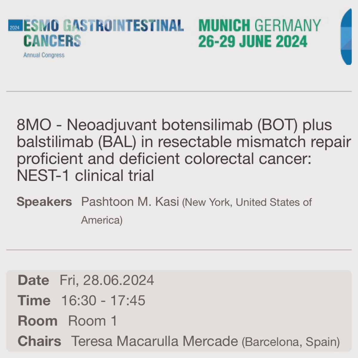 We got a podium presentation with an invited discussant at #ESMOGI24.🙌🏾 💡Will be presenting the full set of results and long term follow up on our #NESTTrial🪺. 🗓️Fri, 28.06.2024 🕟16:30 - 17:45 📍Room 1 ✈️Munich, Germany🇩🇪 @myESMO #CRCSM @OncoAlert cslide.ctimeetingtech.com/gi2024/attende…