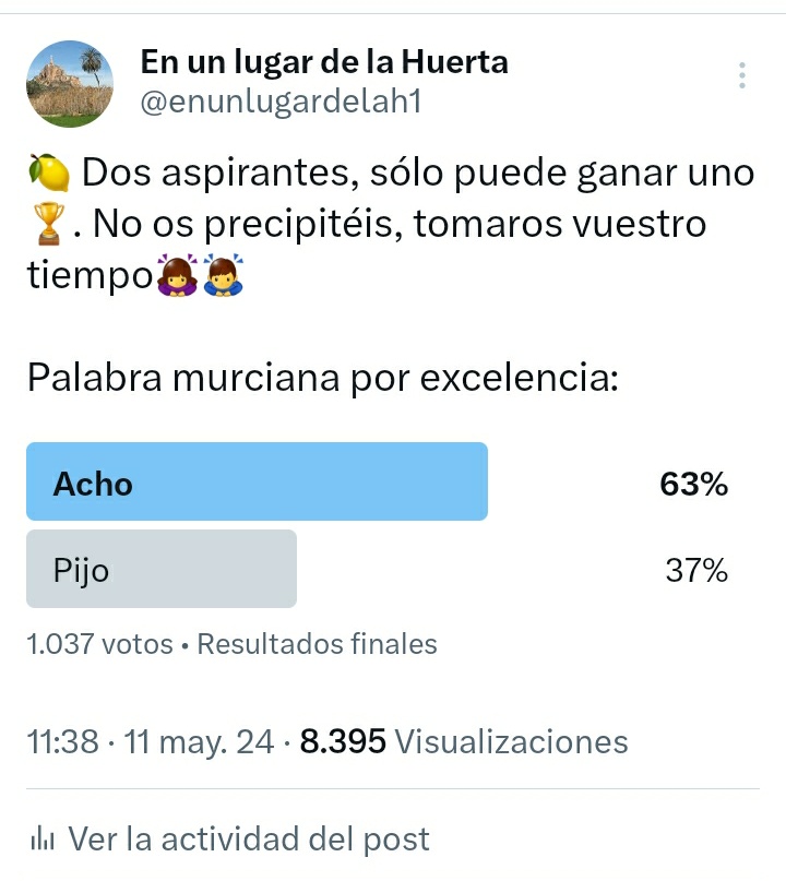 🍋 La encuesta ha terminado con 1037 votos. Gracias a todos. Declaramos ACHO como ganador🥇 Nosotros votamos por PIJO 😭😭. Interesante sería saber el resultado por franjas de edad.