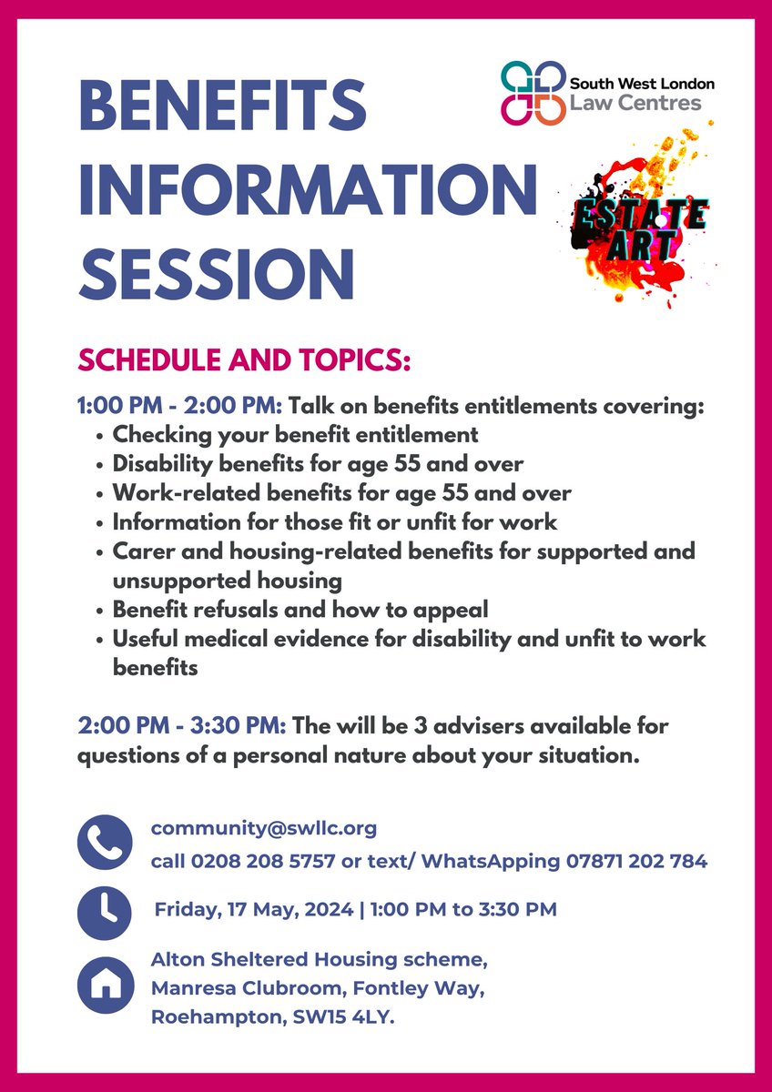 We are looking forward to joining <a href="/lynnecappa/">estateart</a> in #Roehampton *this Friday* 

Over 55 and want to know more about what you and others to you might be entitled to? Come to our free afernoon of #WelfareBenefit information.