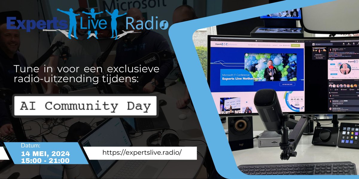 🎙️👾 Gaan live! Join ons op Experts Live Radio voor de AI Community Day op 14 mei van 15:00-21:00. Discussies, inzichten en meer. Niet missen! Luister hier ➡️ expertslive.radio #ExpertsLiveNL #AI