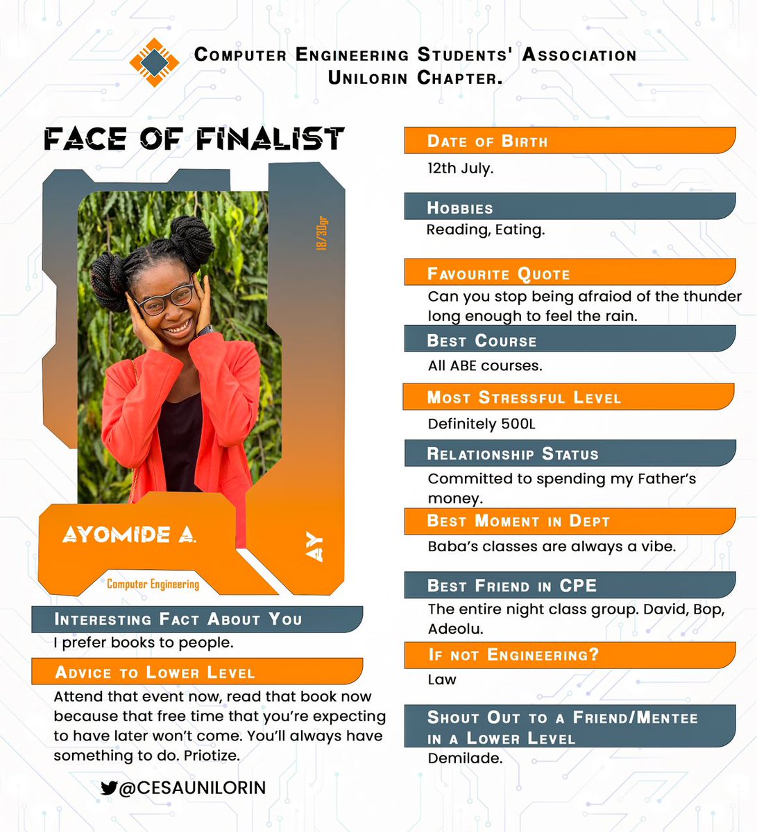 🎓 Meet *Ayomide*, a proficient Cloud and DevOps Engineer and assistant class representative.

 *Ayomide*; is known for *her passion for Tech*

Cheers to our finalist!🌟

#FaceOfTheFinalist #ClassOf2023
