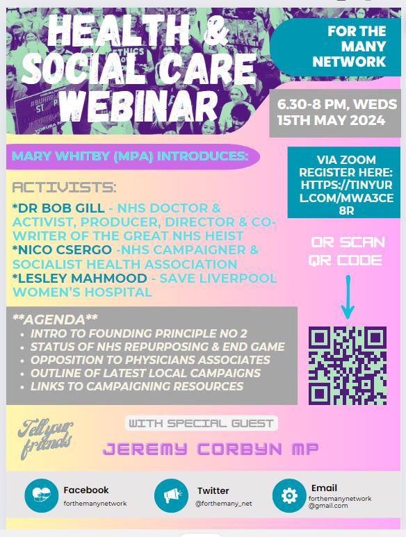 🚨NEW SPEAKERS just announced for our NHS & Social Care webinar this Weds 15th May, with @drbobgill, Nico Csergo, Lesley Mahmood & @jeremycorbyn. 👩‍💻Register here: tinyurl.com/mwa3ce8r @IanBFAWU @Naomi4LabNEC @andrewfeinstein @corbyn_project @RedRosa91940184 @skwawkbox