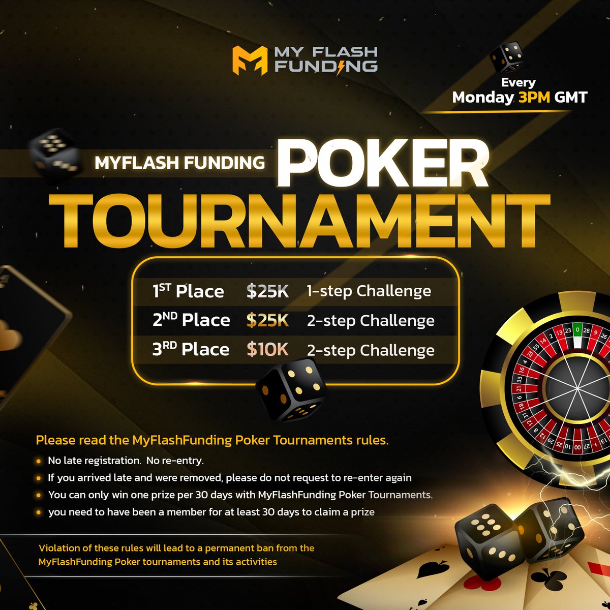Join us for the poker tournament every Monday at 3pm GMT. We have 3 challenge accounts up for grabs, ranging in size from 25k to 10k. Set your reminder and join now! 👉 discord.gg/myflashfunding