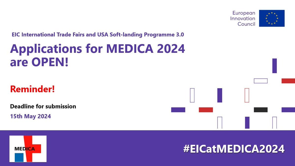 #EUeic beneficiaries: don't miss your chance to be a part of the EIC Pavilion at @MEDICATradeFair, Europe's top health tech event! 🩺 Join us in Düsseldorf and showcase the future of healthcare 🚀 Apply by tomorrow 15 May ➡️ bit.ly/3TWbyFz #EICatMEDICA2024 #MEDICA2024