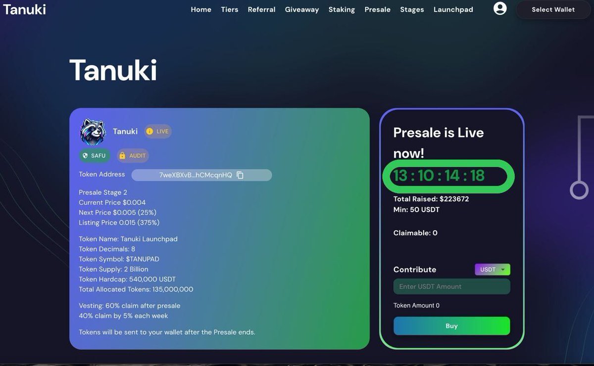 Got a tip to take a look at Tanuki Launchpad🦝. A new multichain launchpad thats currently in presale phase. Audited by Solid Proof and pre-listed on LBank, LATOKEN & XT(.)com. @tanukilaunchpad

🦝Presale page:
tanukilaunchpad.com/presaleDetail

💬TG:
t.me/Tanukilaunchpad

#DYOR #SOL🟥