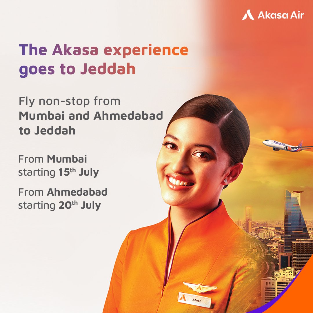 Thrilled to introduce Jeddah as our 2nd international destination on the growing Akasa network! Fly non-stop between Mumbai-Jeddah starting 15 July; and Ahmedabad-Jeddah, starting 20 July. Experience our warm and efficient service, multi-cuisine gourmet meals and comfortable…