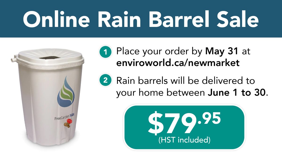 #DYK rain barrels save money by lowering your water consumption for gardens and lawn watering. Order a rain barrel from now until May 31. The cost of each barrel is $79.95 (tax included) and it will be delivered to your home between June 1-30. Order now: enviroworld.ca/newmarket