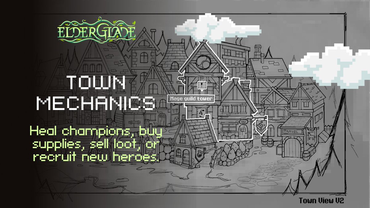 Heal your heroes, repair your gear, and stock up for adventure in Elderglade's vibrant towns!🏘 ️ Craft, trade, & recruit new champions to join your cause. The town is your haven before you delve back into the wilderness! 🌲 #GameFi #RetroGaming #AIGaming #NFTGaming
