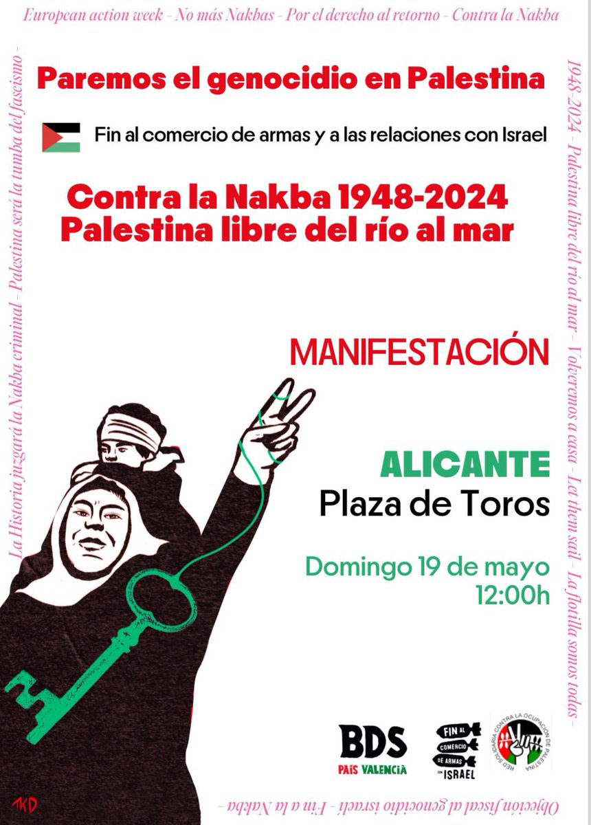 Este domingo a las 12h en la plaza de toros de #Alicante , desde @eualacant continuaremos apoyando a Palestina y denunciando el genocidio que Israel sigue cometiendo en Gaza. ¡Palestina Vencerá! 🇵🇸✊🏼 ¡Desde el río hasta el mar! 🇵🇸✊🏼