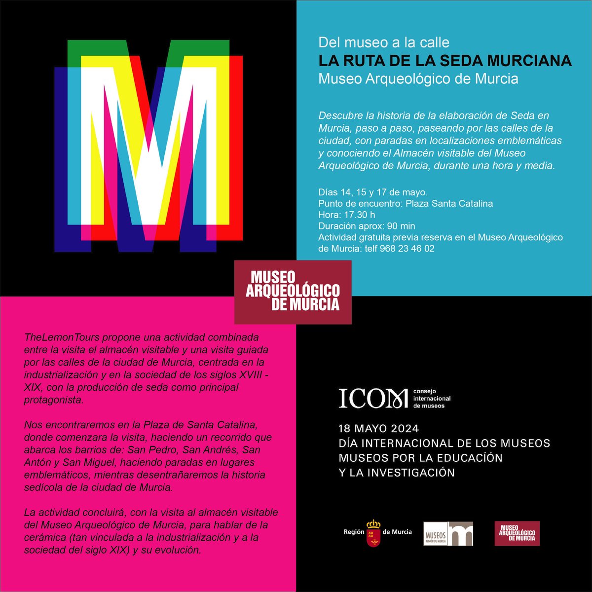 MuseosRegMurcia's tweet photo. Seguimos con el 18 de mayo #DiaInternacionalDeLosMuseos y con carteles de actividades en el #MuseoArqueológicoMurcia 

Podéis consultar el programa completo de @MuseosRegMurcia en https://t.co/ZxDskcDBpu https://t.co/u1kyVxQgHB