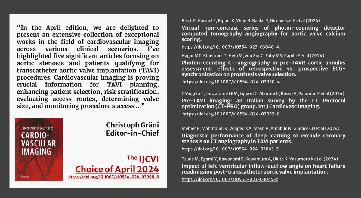 International Journal of Cardiovascular Imaging (@ijcvimaging) on Twitter photo 🎯The #IJCVI EiC, Christoph Gräni (<a href="/chrisgraeni/">Christoph Gräni</a>)❓ What drove your choice of these five standout articles, which highlight how #YesCCT is transforming #TAVI planning ⁉️🌐 link.springer.com/article/10.100…
<a href="/domcbenz/">Dominik C. Benz</a> <a href="/RaberLorenz/">Lorenz Räber, MD PhD</a> <a href="/ARrosendael/">Alexander Rosendael</a> <a href="/isaacshiri/">Isaac Shiri Lord</a> <a href="/MarcoGuglielmo/">Marco Guglielmo MD, FEACVI, FSCCT</a> <a href="/EdoardoConte16/">Edoardo Conte</a> 🎯The #IJCVI EiC, Christoph Gräni (<a href="/chrisgraeni/">Christoph Gräni</a>)❓ What drove your choice of these five standout articles, which highlight how #YesCCT is transforming #TAVI planning ⁉️🌐 link.springer.com/article/10.100…
<a href="/domcbenz/">Dominik C. Benz</a> <a href="/RaberLorenz/">Lorenz Räber, MD PhD</a> <a href="/ARrosendael/">Alexander Rosendael</a> <a href="/isaacshiri/">Isaac Shiri Lord</a> <a href="/MarcoGuglielmo/">Marco Guglielmo MD, FEACVI, FSCCT</a> <a href="/EdoardoConte16/">Edoardo Conte</a>