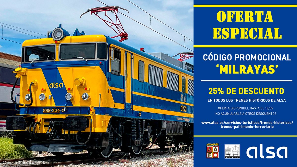 🥳 Estamos de celebración, ¡así que traemos una oferta especial! 😍

🔝 Durante los próximos 5 días, podréis viajar en todos los trenes históricos operados por <a href="/Alsa_autobuses/">Alsa</a> con un 25% de descuento con el código promocional 'MILRAYAS'

¡Os esperamos!

alsa.es/servicios-turi…