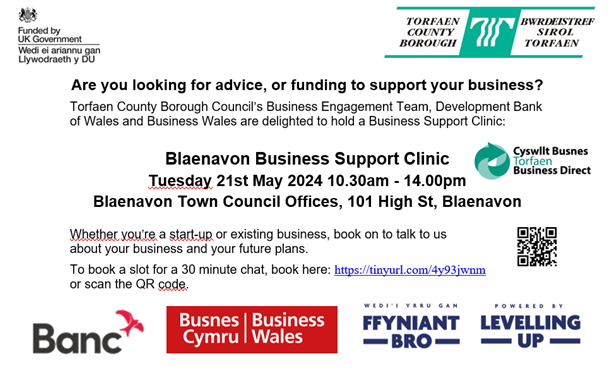 TorfaenBiz's tweet photo. ℹ️ Are you looking for advice or funding to support your business?

@torfaencouncil @devbankwales &amp;
@_businesswales are holding their next Business Support Clinic:  

📅 Tuesday 21st May:
🗺️ Blaenavon Town Council Offices
 
Book your slot here 👉https://t.co/MHQIjHWbPM https://t.co/gybZlFTLHk