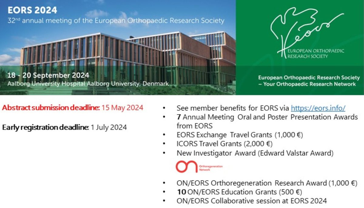 🚨 🚨 Only 48 hours left to submit your abstract for @EORS_Society 2024! Don’t miss this opportunity to present and submit to eors2024.org/abstract-submi…. For YIs, apply for EORS/@on_found awards that support travel and participate in awards at the meeting. #EORS2024 #orthopaedics