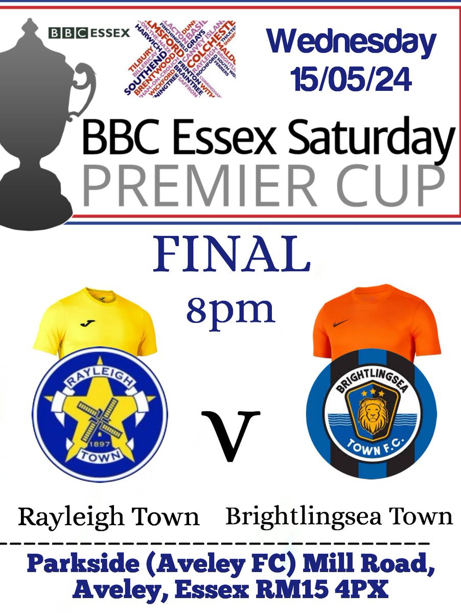 🔵 CUP FINAL DETAILS 🔵
This Wednesday we take on Brightlingsea Town in the County Cup Final. Please show your support (bring a friend) and give our management team & players the backing their hard work deserves for what has been a memorable season. #upthetown