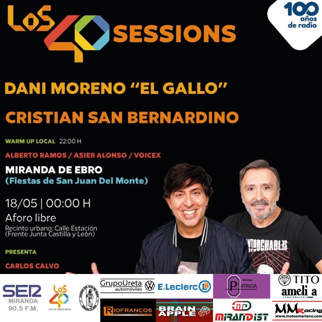 🎶 Este sábado 18 de mayo, durante las fiestas de San Juan del Monte, Miranda disfrutará de “Los 40 Sesion”. 🌟 Con la participación de los reconocidos DJs de Los 40 Principales, Cristian San Bernardino y Dani “El Gallo”. 🎧 🎉 #Los40Sesion #SanJuandelMonte #Música 🎈#SJDM2024