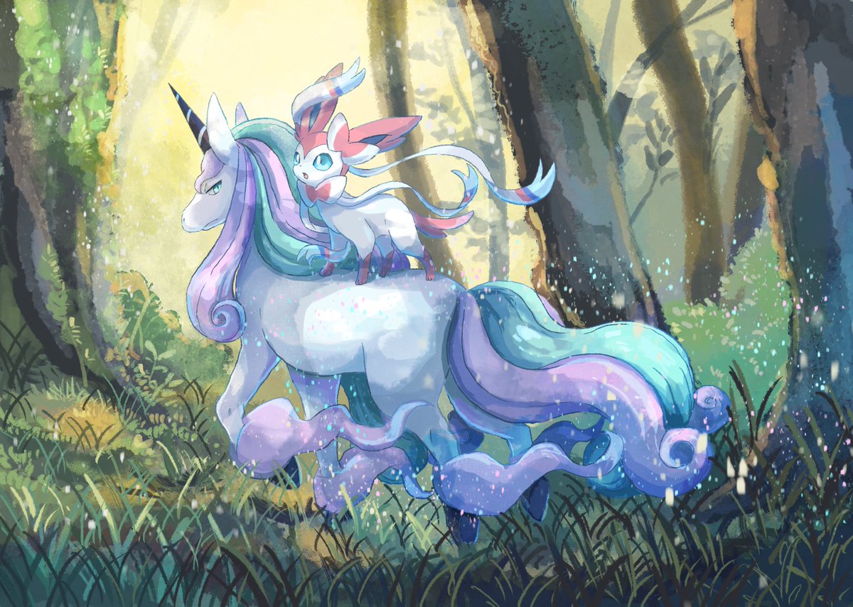 sylveon blue eyes closed mouth outdoors horns day tree pokemon (creature)  illustration images
