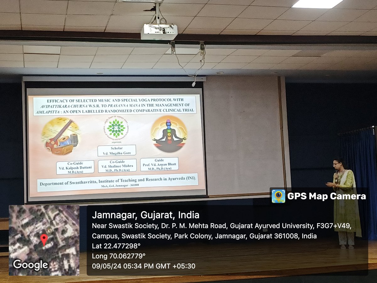 Weekly Seminar at ITRA Mugdha Gore from the dept of Swasthvrutta presented research work 'Efficacy of selected Music and special Yoga Protocol with Avipattikar Churna w.s.r to Prasanna Mana in the management of Amlapiita: An Open labelled randomised comparative clinical Trial'