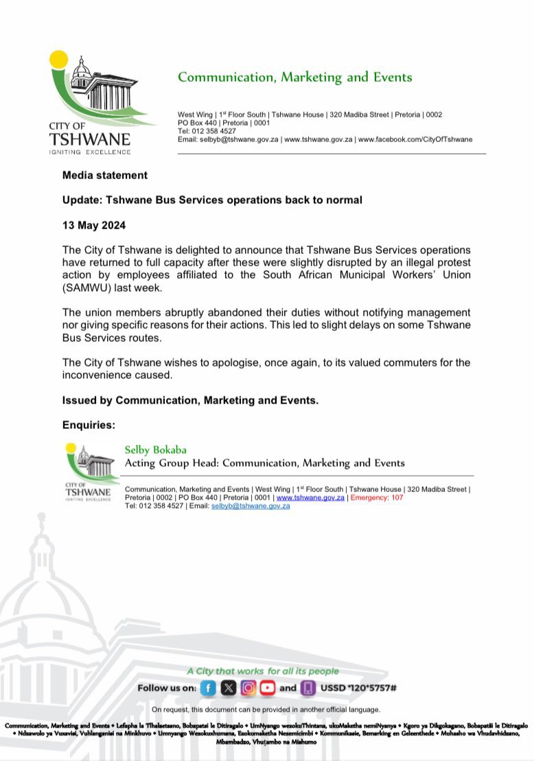 Update: Tshwane Bus Services operations back to normal.