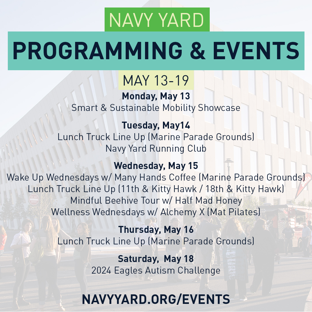 There's always something happening at the Navy Yard, and this week is no exception. See our wonderful schedule of events. navyyard.org/events
#discovertheyard #navyyardeats #wellnesswednesdays #wakeupwednesdays #runtheyard