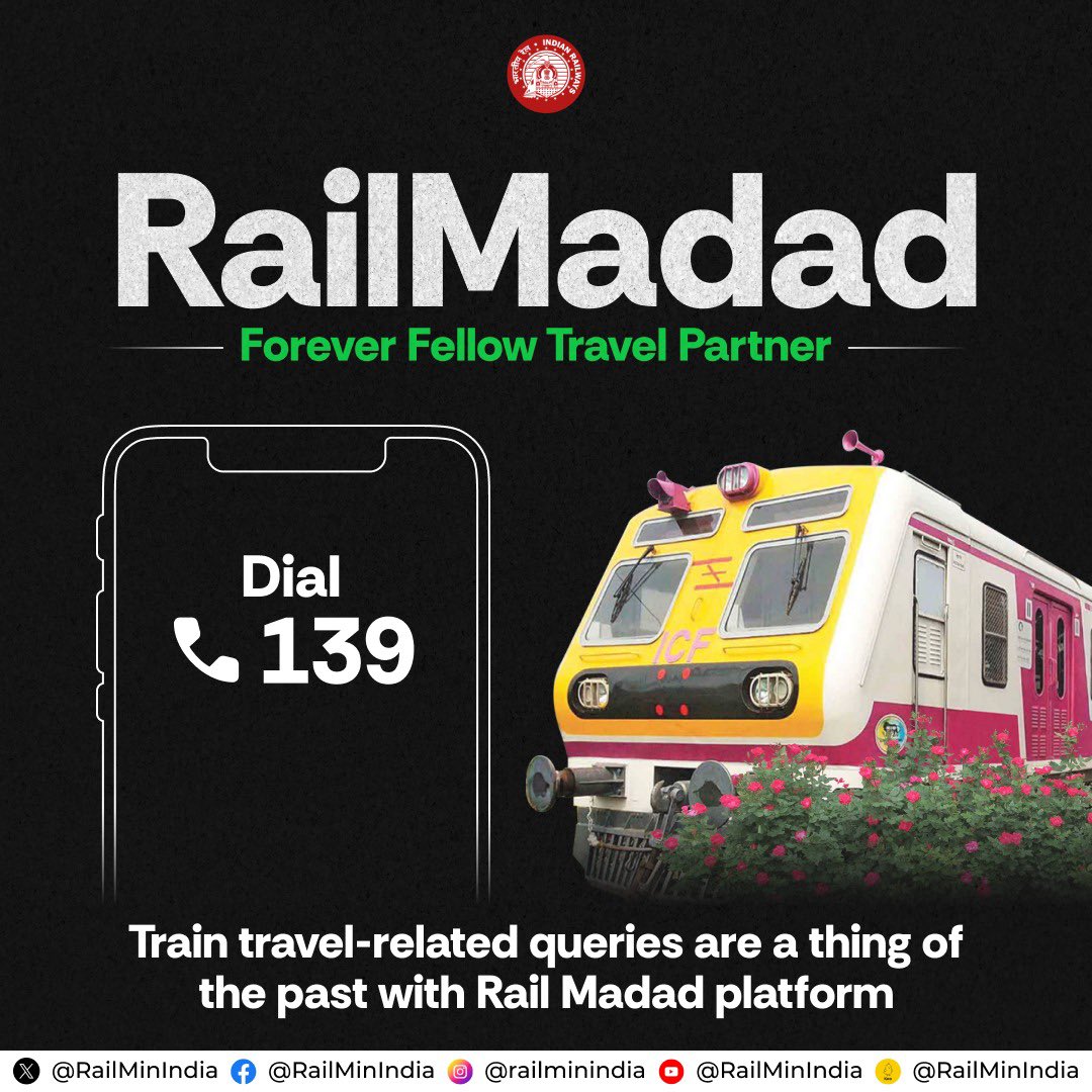 Dial 139 and make your Rail travel a seamless and smooth experience with the #RailMadad App. Download iOS: apps.apple.com/in/app/railmad… Playstore: play.google.com/store/apps/det…
