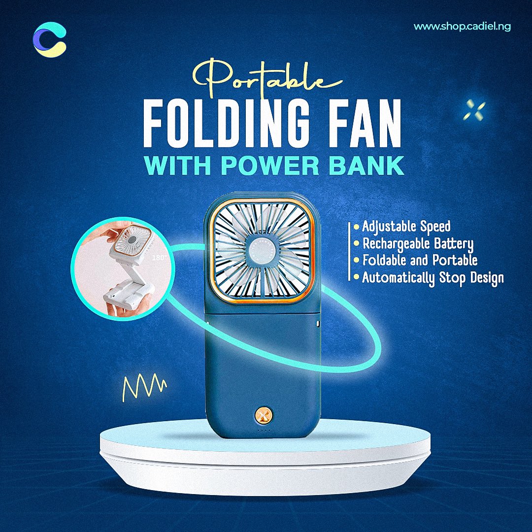 This Folding Hand Fan with a Power Bank comes with an adjustable neck strap, a mobile phone stand, and a 3000mAh battery.

Visit the website for a cart discount at checkout shop.cadiel.ng/product/portab…