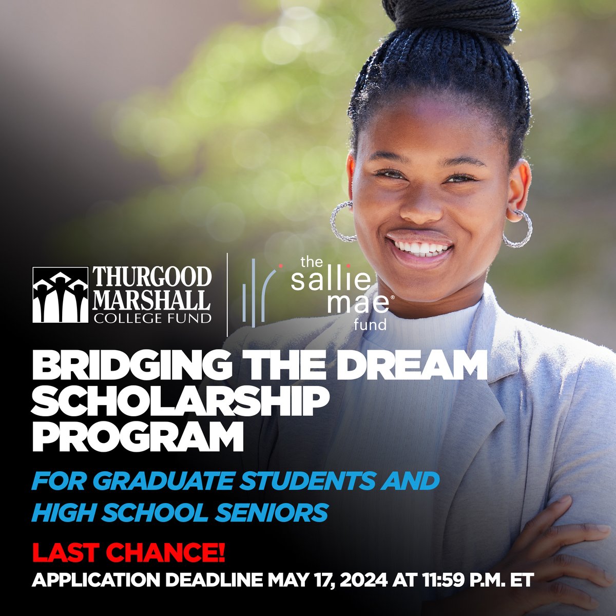 Closing soon! Friday at 11:59 p.m. ET is the last chance to apply for Bridging the Dream Scholarships for the 2024-2025 academic year. The @SallieMae Fund, in partnership with @tmcf_hbcu, is offering up to $10,000 to graduate students and high school seniors.
