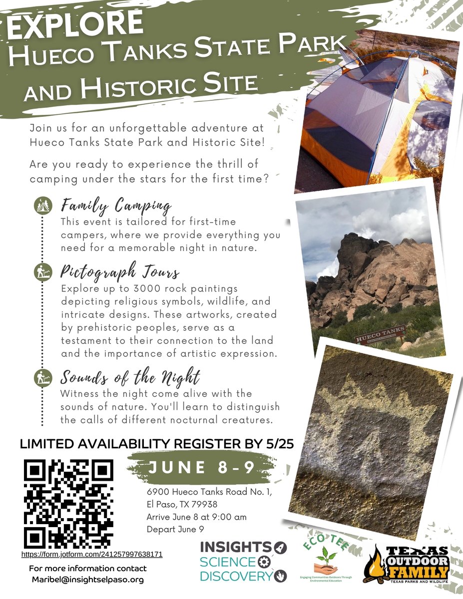 Join us for an unforgettable adventure @HuecoTanksStatePark immerse yourself in the thrill of camping under the stars! form.jotform.com 241257997638171 for more information, contact: Maribel@insightselpaso.org #TxStateParks #BetterOutside #InsightsEnvironmentalEducation