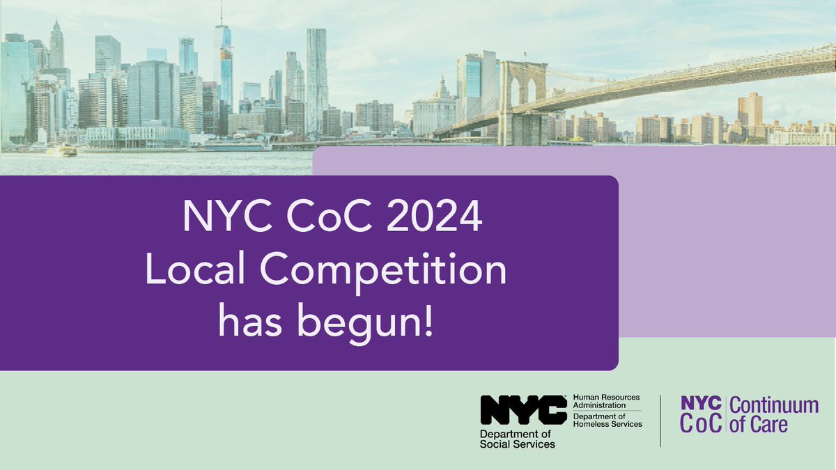 The NYC CoC 2024 Local Competition has begun! Early submissions are due 5/22, and final submissions are due 6/12. We encourage everyone interested in CoC funding to attend the information session on 5/14 at 3 pm. Visit NYC CoC NOFO for full details: on.nyc.gov/3UDXktc.