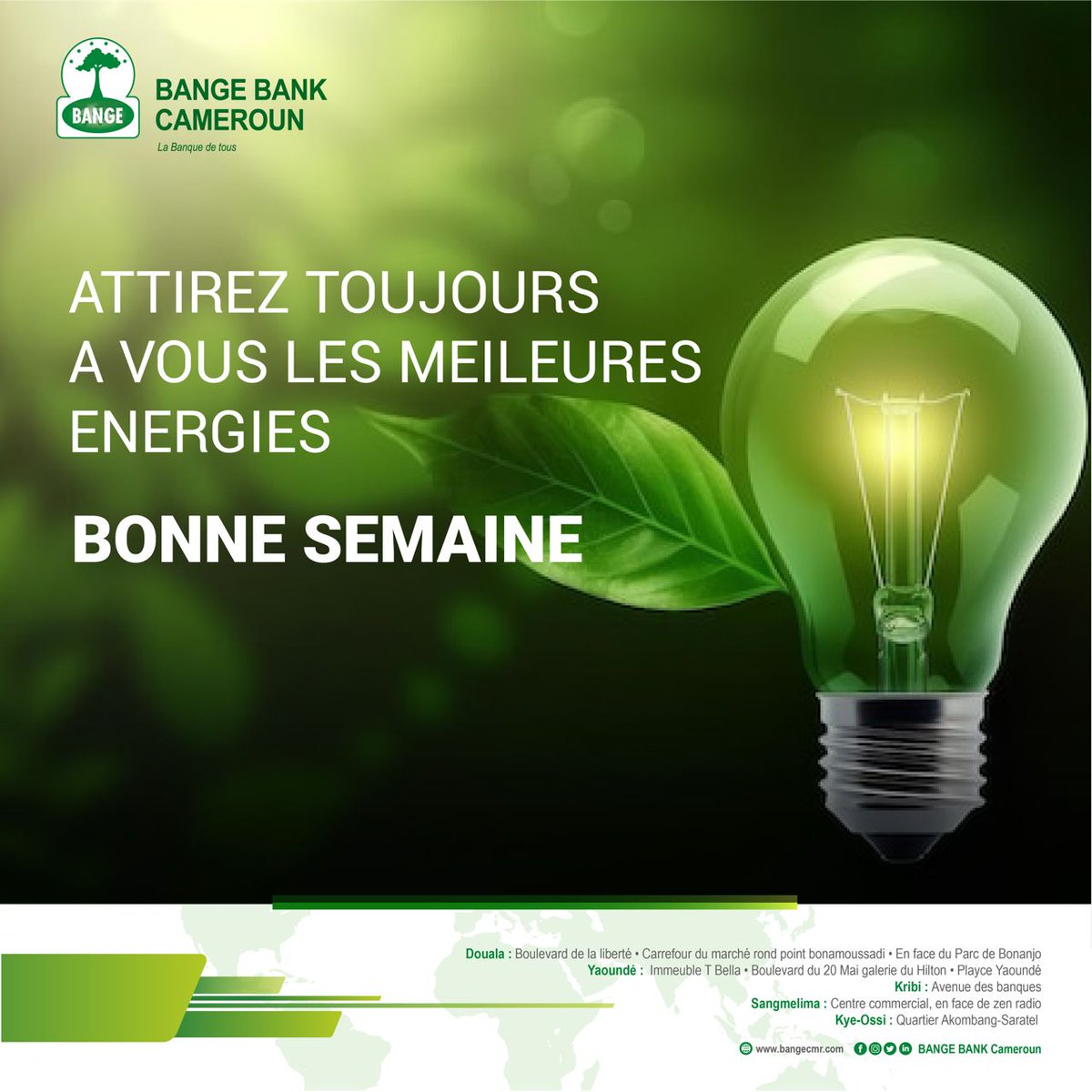 [MONDAY MOTIVATION]
Attirez toujours a vous les meilleurs énergies. 

Bonne semaine 

#bangebankcameroun 
#labanquedetous