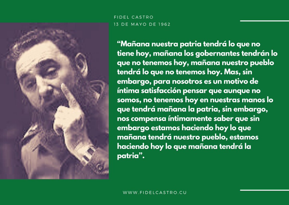 🎙️ #FidelCastro “La patria (...) nos compensa íntimamente saber que sin embargo estamos haciendo hoy lo que mañana tendrá nuestro pueblo, estamos haciendo hoy lo que mañana tendrá la patria”. 

👉 13 de mayo de 1962 

#SomosCuba #RevolucionCubana