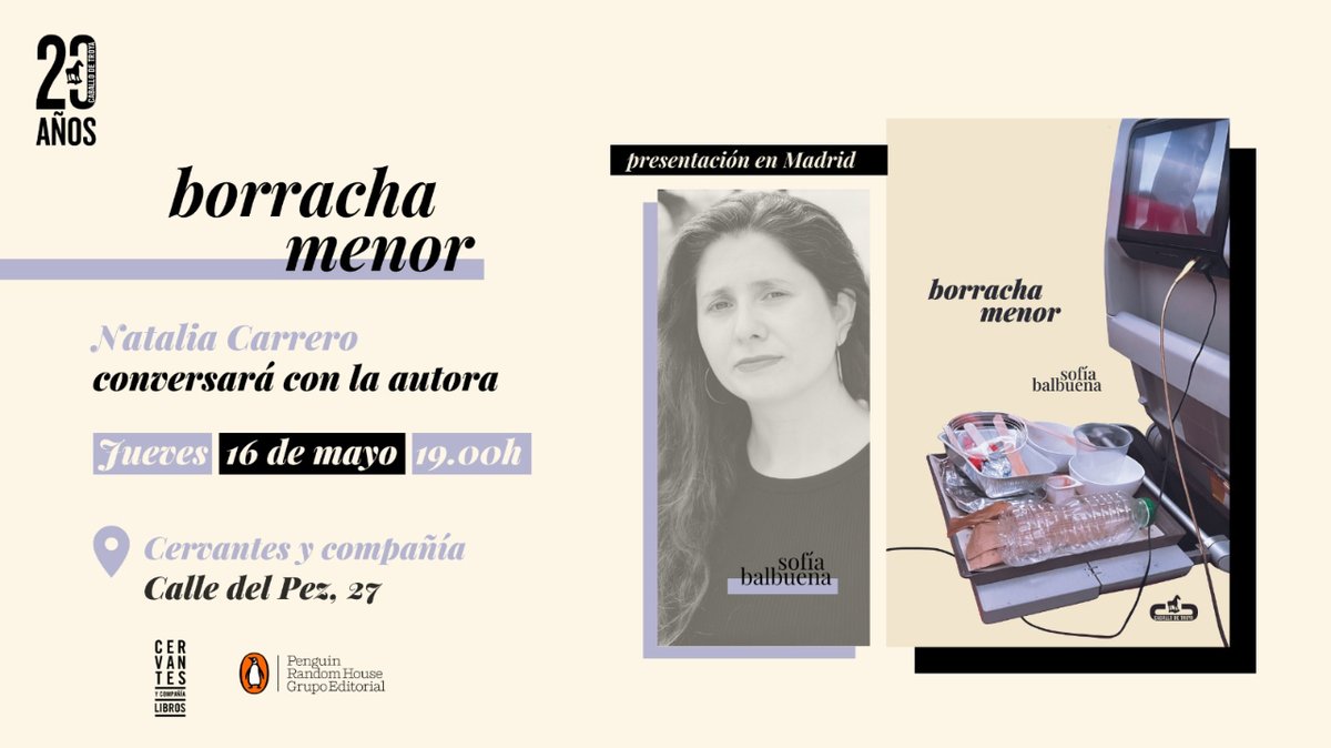 ¡Madrid!  Esta semana @sofiabalbu presenta su ‘borracha menor’ con Natalia Carrero.  📍 @CervantesyCia 🗓️ Jueves, 16 de mayo  🕢 19h. Os esperamos,