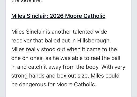 Thank you @PrepRedzoneNY for the write up from Hillsborough camp. @MooreHSFootball @Coachryan9254 @jford4257 @Train_With_Fox