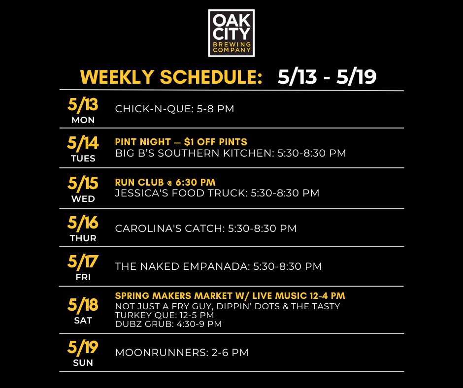 The schedule for the week, cheers! 🍻
.
𝗗𝗼𝗻'𝘁 𝗺𝗶𝘀𝘀 𝗼𝘂𝘁:
- Spring Makers Market w/ live music by Sterling Scott, 40+ vendors & food trucks from 12-4 PM🛍️🎶🍻
.
#OakCityBrews #brewery #foodtrucks #knightdale #raleigh #craftbeer #ncbeer #livemusic #makersmarket #shoplocal