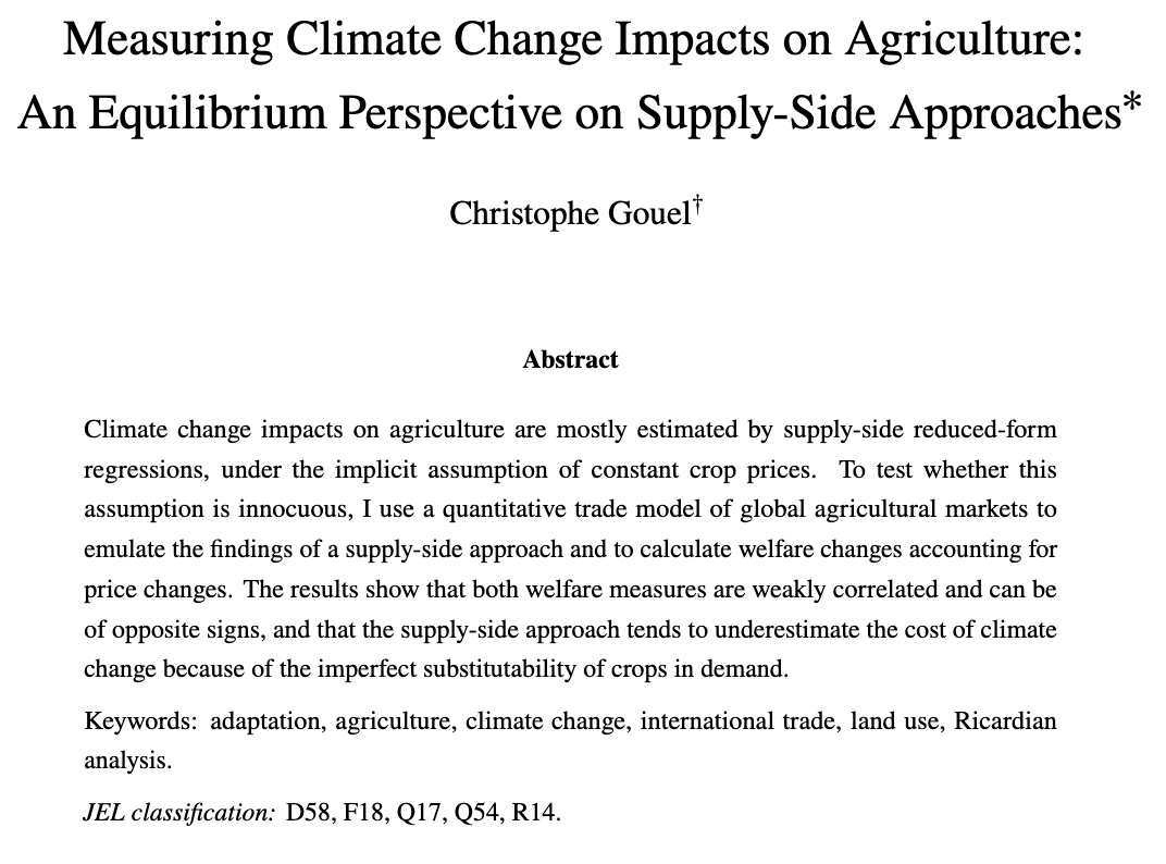 🌾 Just accepted 🌾 in @JaereAere: 'Measuring Climate Change Impacts on Agriculture: An Equilibrium Perspective on Supply-Side Approaches' by Christophe Gouel (@ChristopheGouel) Read it here: journals.uchicago.edu/doi/10.1086/73…