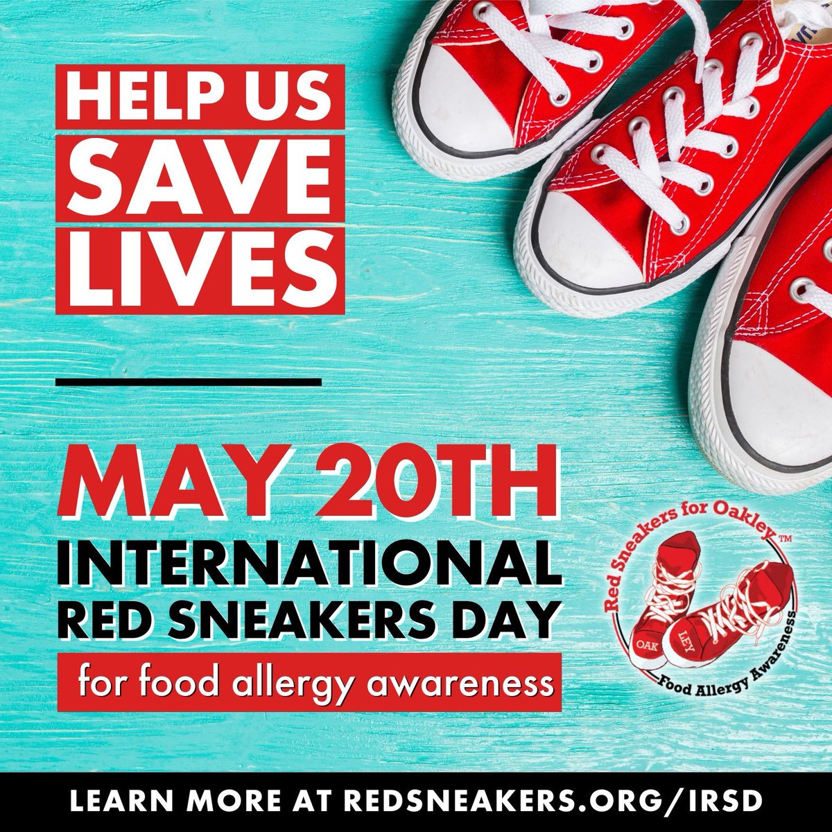 #Repost from our friends at @oakley_red

On May 20th, post a photo/video of yourself wearing red sneakers (or anything red!).

Be sure to TAG @oakley_red and use hashtags:
#InternationalRedSneakersDay
#FoodAllergyAwareness
#RedSneakersForOakley
#FoodAllergy
