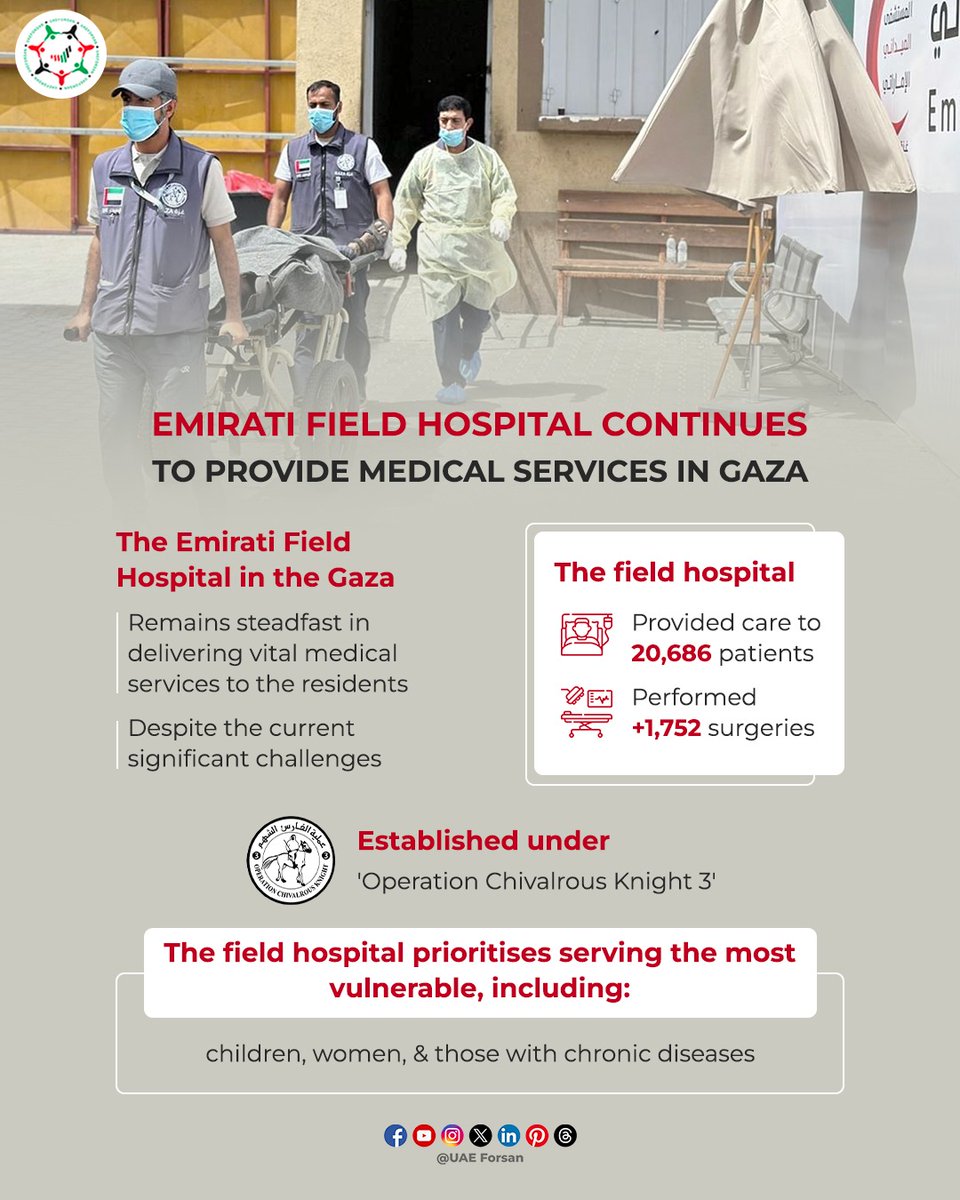 Emirati Field Hospital Continues to Provide Medical Services in #Gaza  
#UAE #Palestine #GallantKnight3  
#الإمارات_وطن_الانسانية  
#الفارس_الشهم3  
@modgovae  
@alfaresalshahm3  
@emiratesrc  
@UAEAid