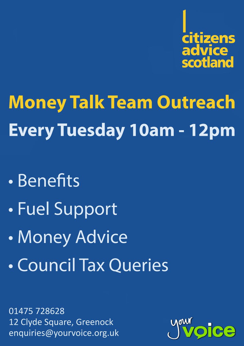 Do you have questions about money, bills and benefits? 

Join Dylan from @citizensadvice every Tuesday, 10am - 12pm in 12 Clyde Square, who offers advice and support to anyone who needs it! 🙂💙

mailto:enquiries@yourvoice.org.uk 01475 728628

#CitizensAdvice #InverclydeCares