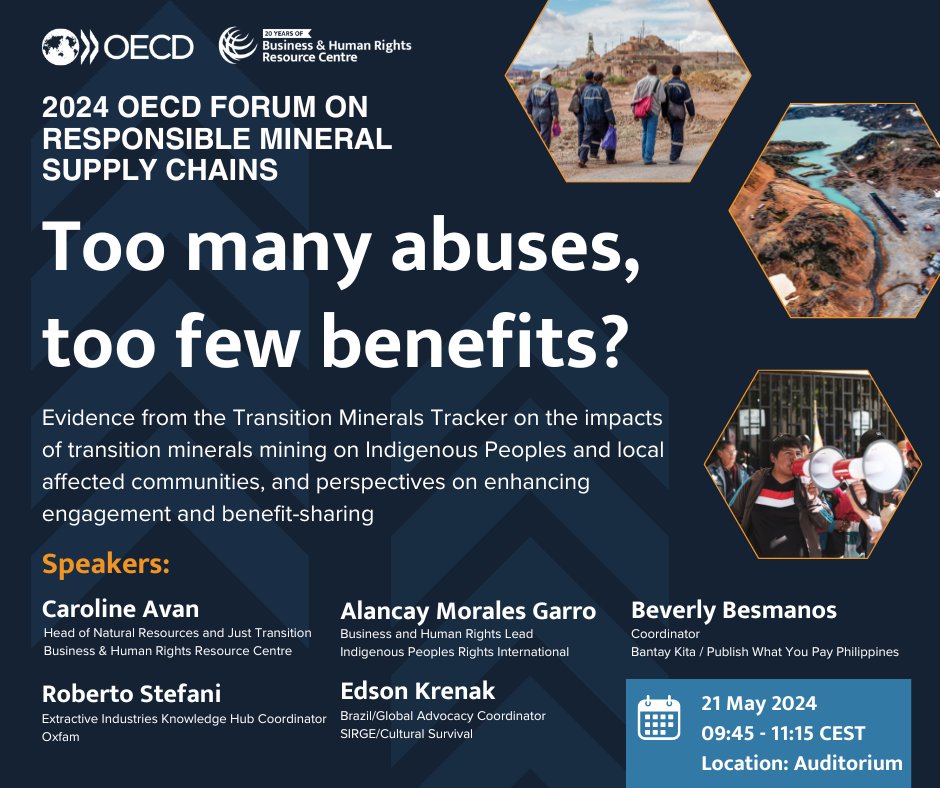 Join us at the @OECD Forum on Responsible Mineral Supply Chains next week for 2 sessions on human rights in transition mineral supply chains ⚡️ On 21 May we'll unpack new findings from the 5th edition of our Transition Minerals Tracker 1/ oecd-events.org/responsible-mi… #JustTransition